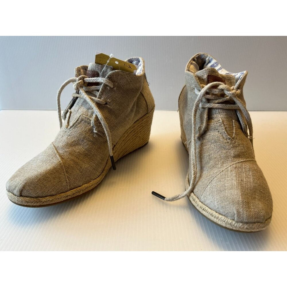 TOMS Tan Linen Fabric Lace-Up Espadrille Wedge Boots, Size 7.5 (US)